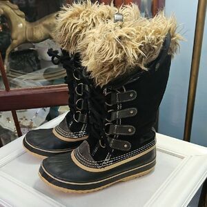 Sorel Women's Black and Brown Faux-Fur Trim Winter Rain Boots